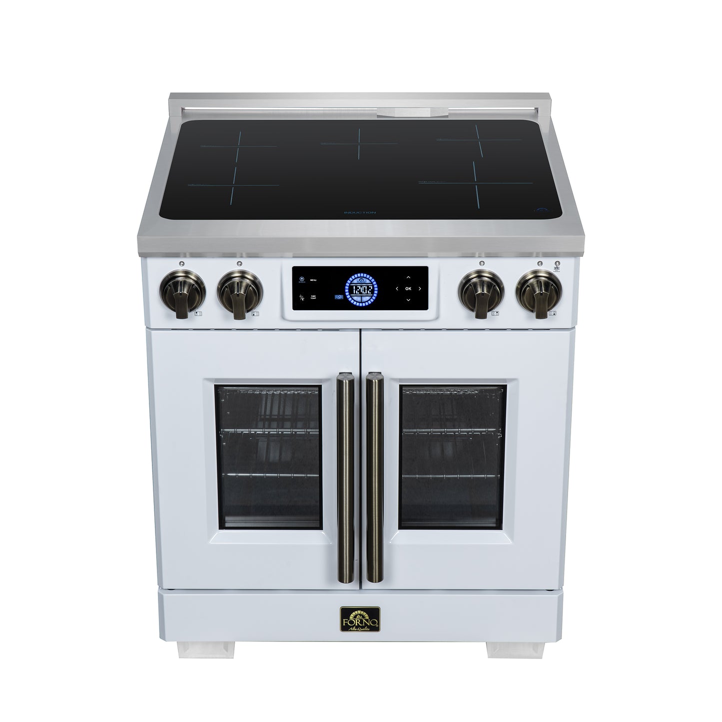Maximus 30-Inch Induction range, French Door, 4 Cooking Zones, 4.32 cf. Convection Oven, Air Sous Vide, Air Fry Basket, White - Forno Appliances