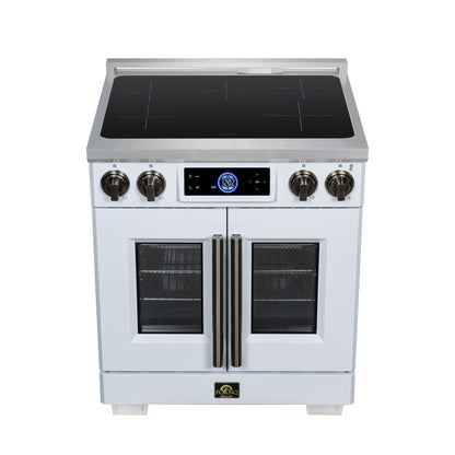 Maximus 30-Inch Induction range, French Door, 4 Cooking Zones, 4.32 cf. Convection Oven, Air Sous Vide, Air Fry Basket, White - Forno Appliances