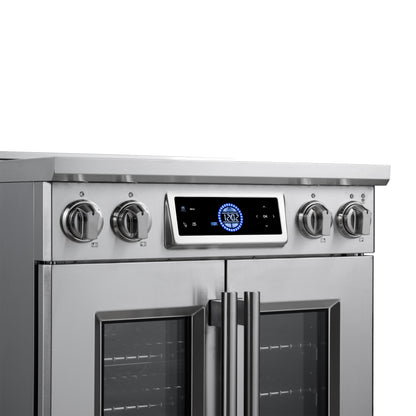 Maximus 30-Inch Induction range, French Door, 4 Cooking Zones, 4.32 cf. Convection Oven, Air Sous Vide, Air Fry Basket, Stainless Steel - Forno Appliances