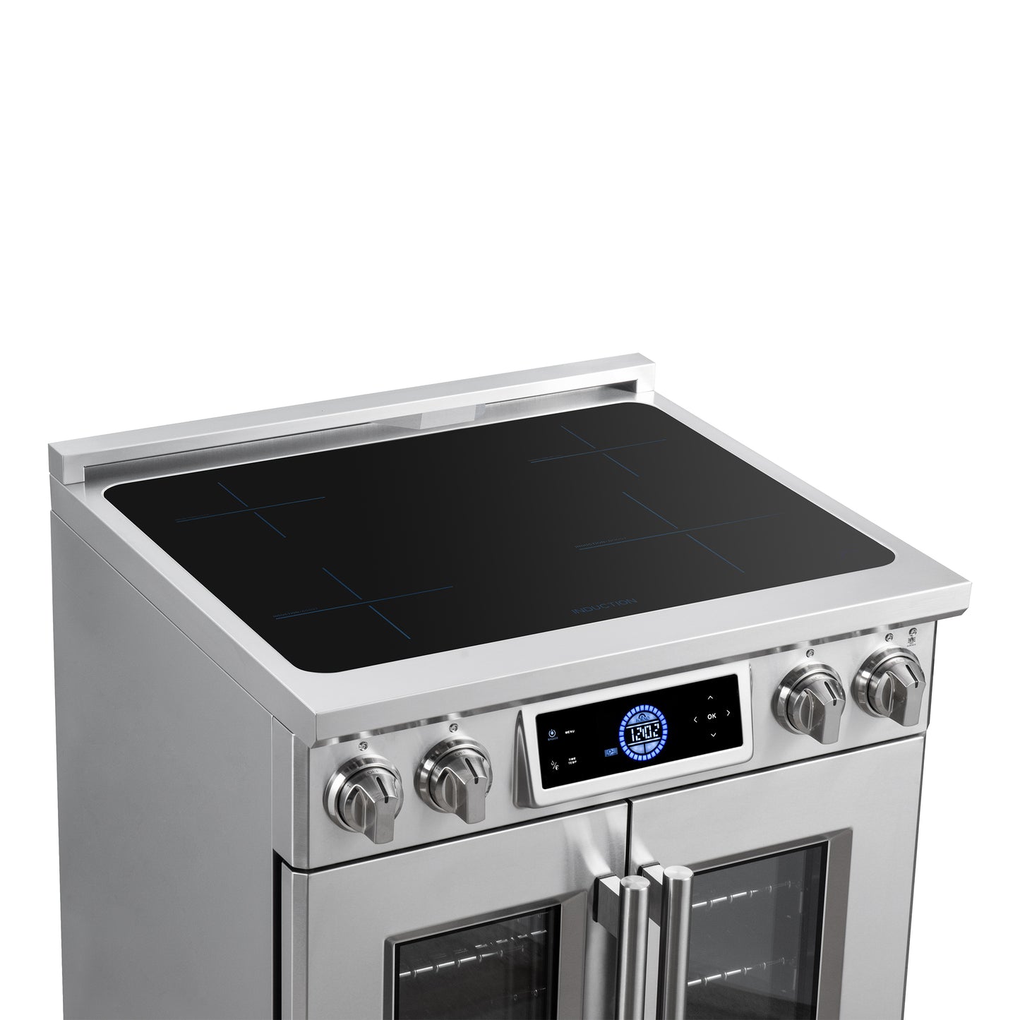 Maximus 30-Inch Induction range, French Door, 4 Cooking Zones, 4.32 cf. Convection Oven, Air Sous Vide, Air Fry Basket, Stainless Steel - Forno Appliances