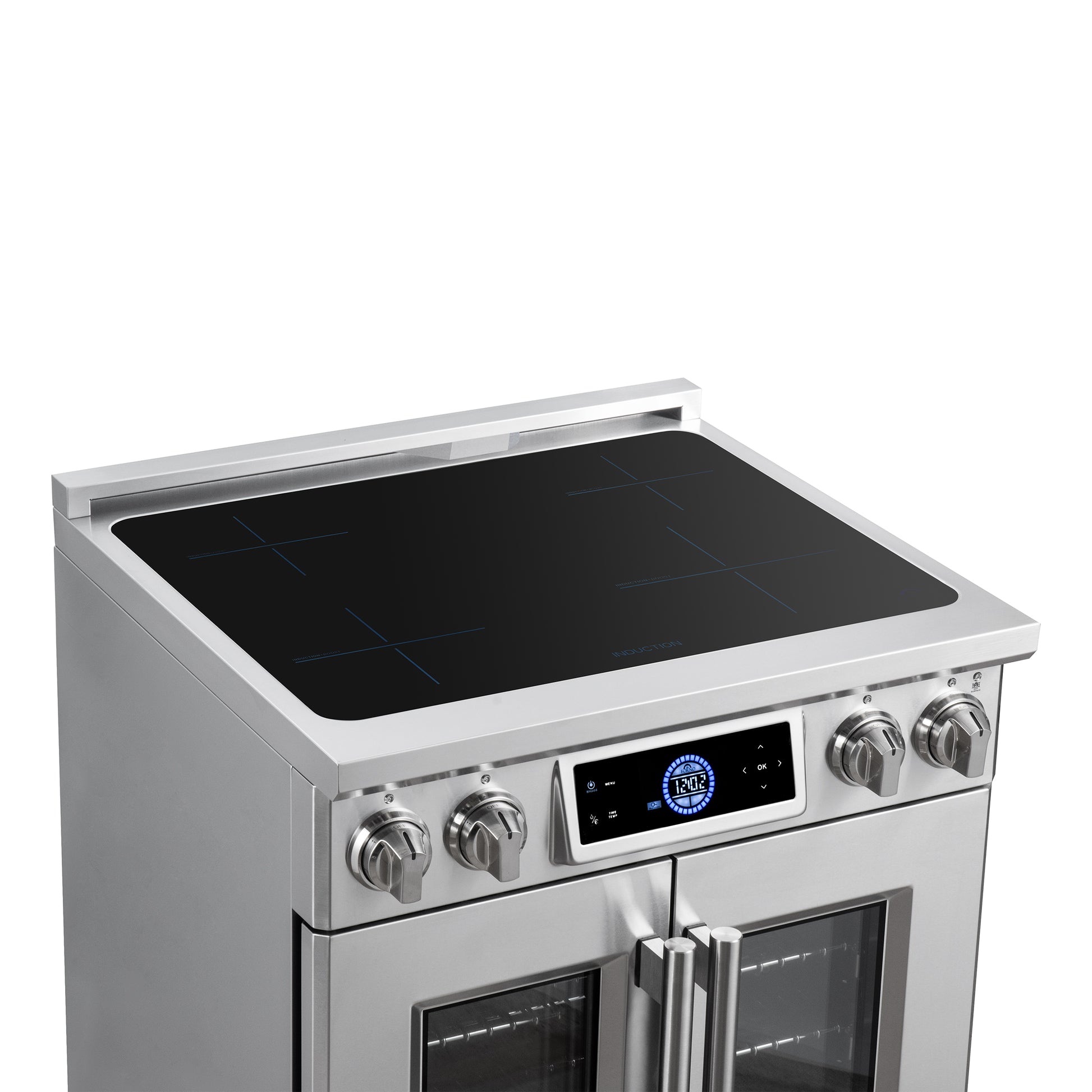 Maximus 30-Inch Induction range, French Door, 4 Cooking Zones, 4.32 cf. Convection Oven, Air Sous Vide, Air Fry Basket, Stainless Steel - Forno Appliances