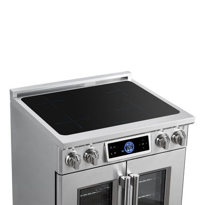 Maximus 30-Inch Induction range, French Door, 4 Cooking Zones, 4.32 cf. Convection Oven, Air Sous Vide, Air Fry Basket, Stainless Steel - Forno Appliances