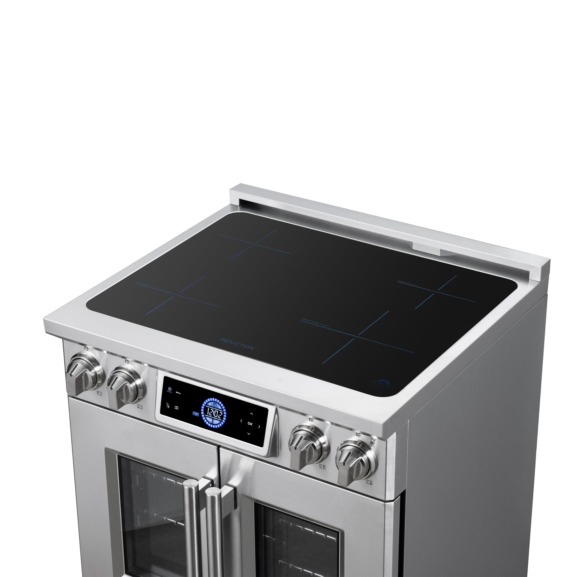Maximus 30-Inch Induction range, French Door, 4 Cooking Zones, 4.32 cf. Convection Oven, Air Sous Vide, Air Fry Basket, Stainless Steel - Forno Appliances