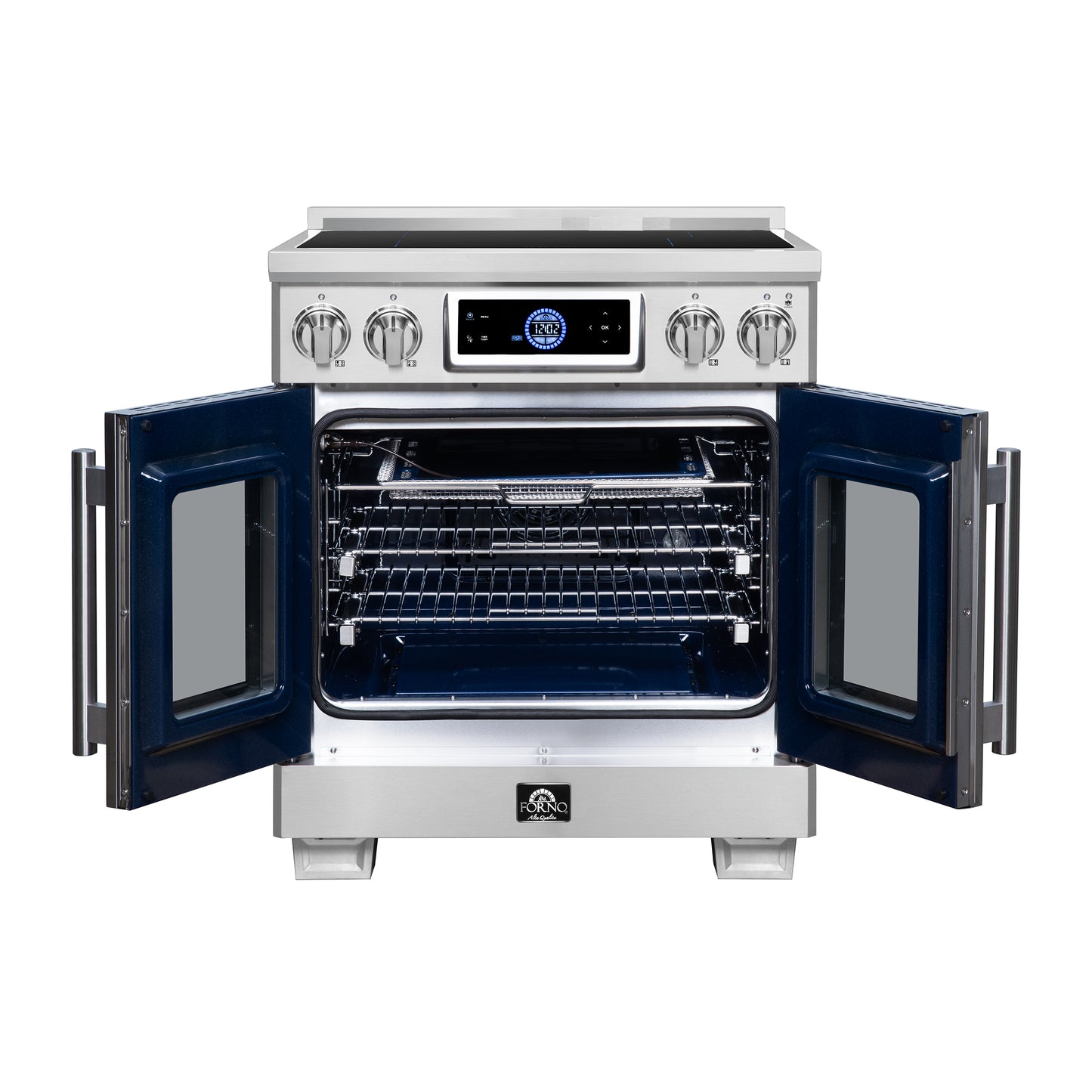 Maximus 30-Inch Induction range, French Door, 4 Cooking Zones, 4.32 cf. Convection Oven, Air Sous Vide, Air Fry Basket, Stainless Steel - Forno Appliances