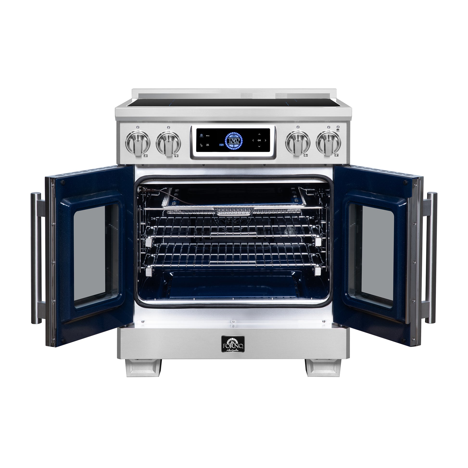 Maximus 30-Inch Induction range, French Door, 4 Cooking Zones, 4.32 cf. Convection Oven, Air Sous Vide, Air Fry Basket, Stainless Steel - Forno Appliances