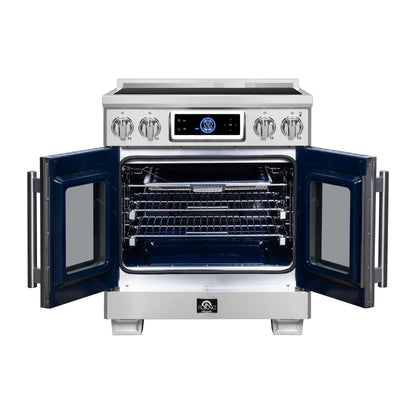 Maximus 30-Inch Induction range, French Door, 4 Cooking Zones, 4.32 cf. Convection Oven, Air Sous Vide, Air Fry Basket, Stainless Steel - Forno Appliances