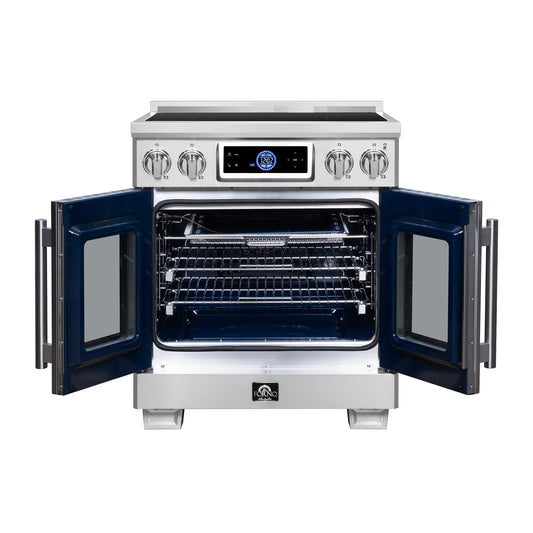 Maximus 30-Inch Induction range, French Door, 4 Cooking Zones, 4.32 cf. Convection Oven, Air Sous Vide, Air Fry Basket, Stainless Steel - Forno Appliances