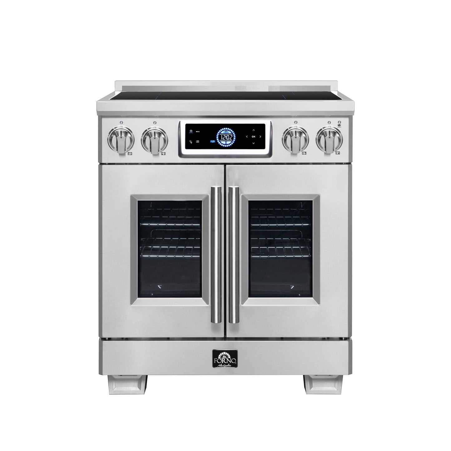 Maximus 30-Inch Induction range, French Door, 4 Cooking Zones, 4.32 cf. Convection Oven, Air Sous Vide, Air Fry Basket, Stainless Steel - Forno Appliances