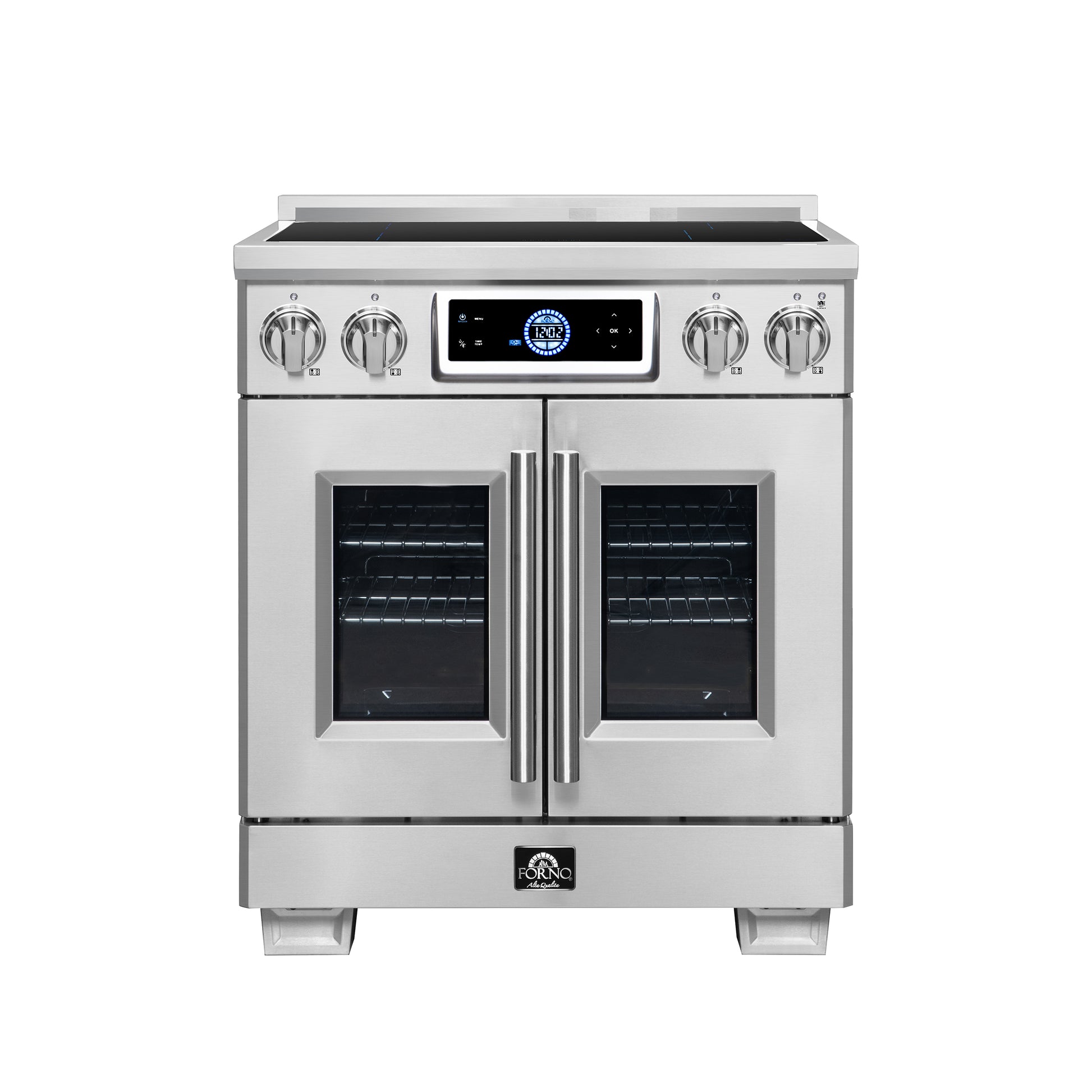 Maximus 30-Inch Induction range, French Door, 4 Cooking Zones, 4.32 cf. Convection Oven, Air Sous Vide, Air Fry Basket, Stainless Steel - Forno Appliances
