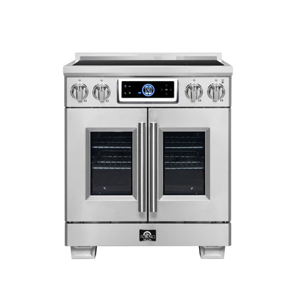 Maximus 30-Inch Induction range, French Door, 4 Cooking Zones, 4.32 cf. Convection Oven, Air Sous Vide, Air Fry Basket, Stainless Steel - Forno Appliances