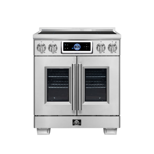 Maximus 30-Inch Induction range, French Door, 4 Cooking Zones, 4.32 cf. Convection Oven, Air Sous Vide, Air Fry Basket, Stainless Steel - Forno Appliances