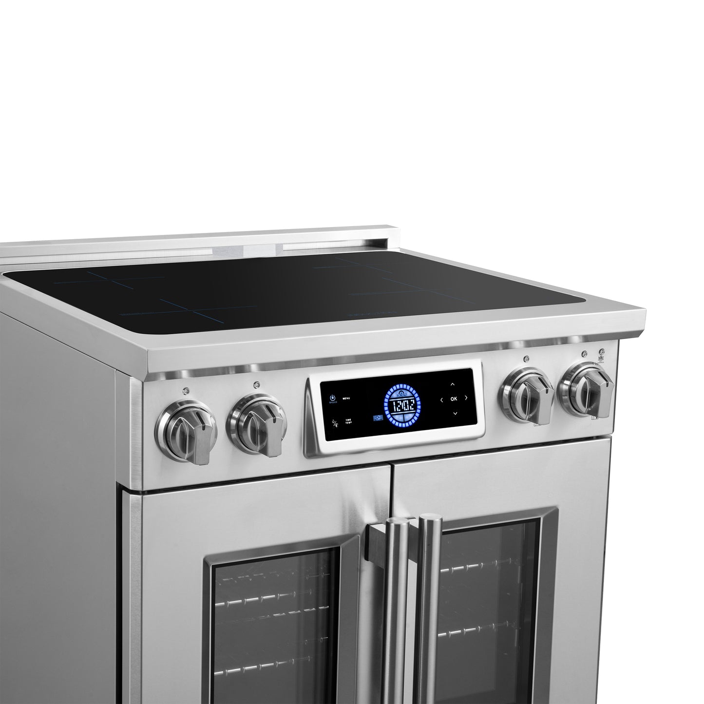 Maximus 30-Inch Induction range, French Door, 4 Cooking Zones, 4.32 cf. Convection Oven, Air Sous Vide, Air Fry Basket, Stainless Steel - Forno Appliances
