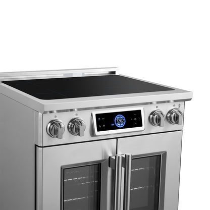 Maximus 30-Inch Induction range, French Door, 4 Cooking Zones, 4.32 cf. Convection Oven, Air Sous Vide, Air Fry Basket, Stainless Steel - Forno Appliances
