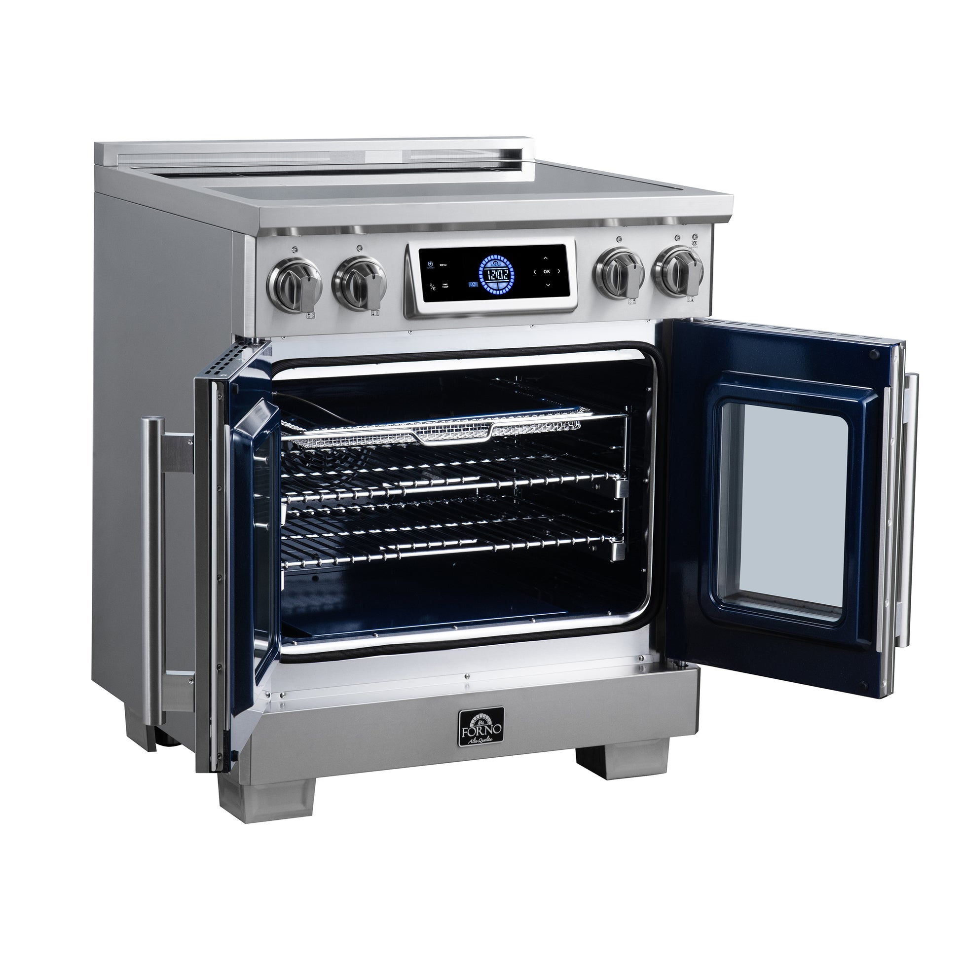 Maximus 30-Inch Induction range, French Door, 4 Cooking Zones, 4.32 cf. Convection Oven, Air Sous Vide, Air Fry Basket, Stainless Steel - Forno Appliances