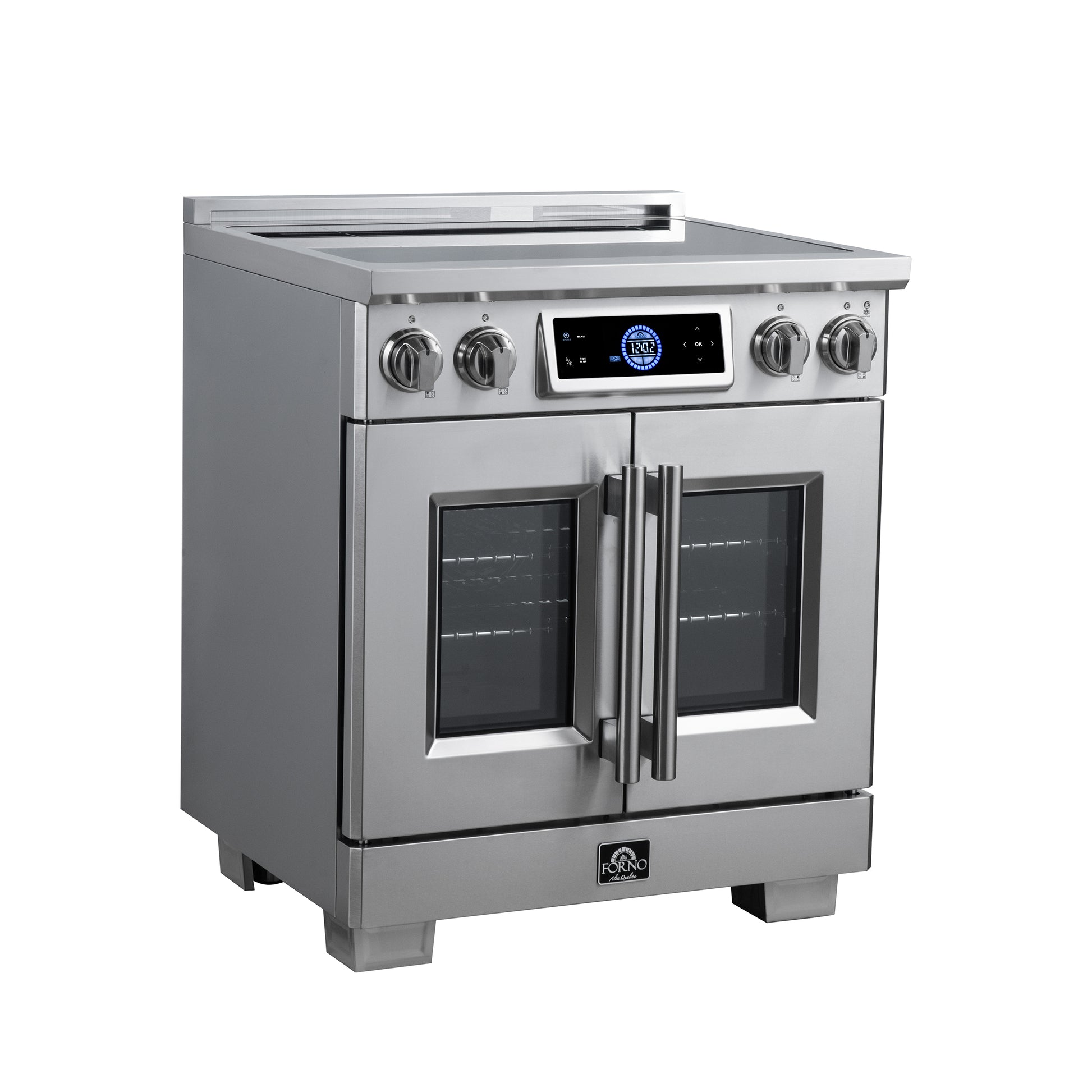 Maximus 30-Inch Induction range, French Door, 4 Cooking Zones, 4.32 cf. Convection Oven, Air Sous Vide, Air Fry Basket, Stainless Steel - Forno Appliances