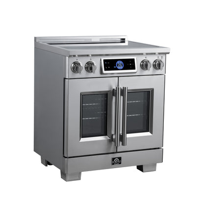 Maximus 30-Inch Induction range, French Door, 4 Cooking Zones, 4.32 cf. Convection Oven, Air Sous Vide, Air Fry Basket, Stainless Steel - Forno Appliances