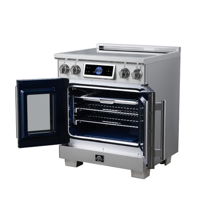 Maximus 30-Inch Induction range, French Door, 4 Cooking Zones, 4.32 cf. Convection Oven, Air Sous Vide, Air Fry Basket, Stainless Steel - Forno Appliances
