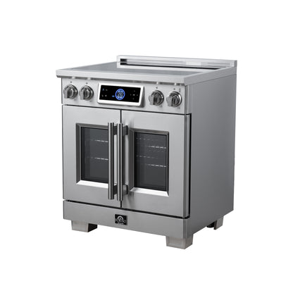 Maximus 30-Inch Induction range, French Door, 4 Cooking Zones, 4.32 cf. Convection Oven, Air Sous Vide, Air Fry Basket, Stainless Steel - Forno Appliances