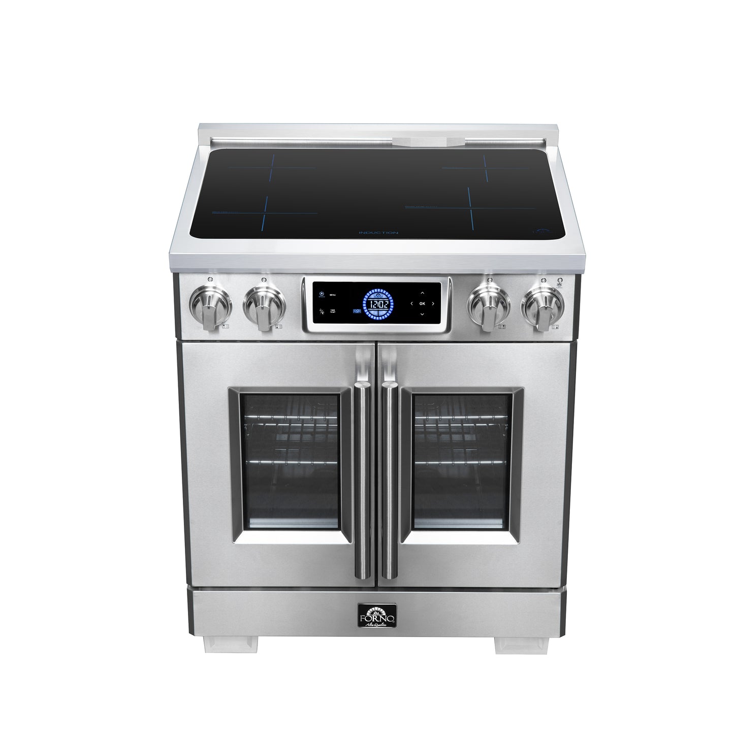 Maximus 30-Inch Induction range, French Door, 4 Cooking Zones, 4.32 cf. Convection Oven, Air Sous Vide, Air Fry Basket, Stainless Steel - Forno Appliances