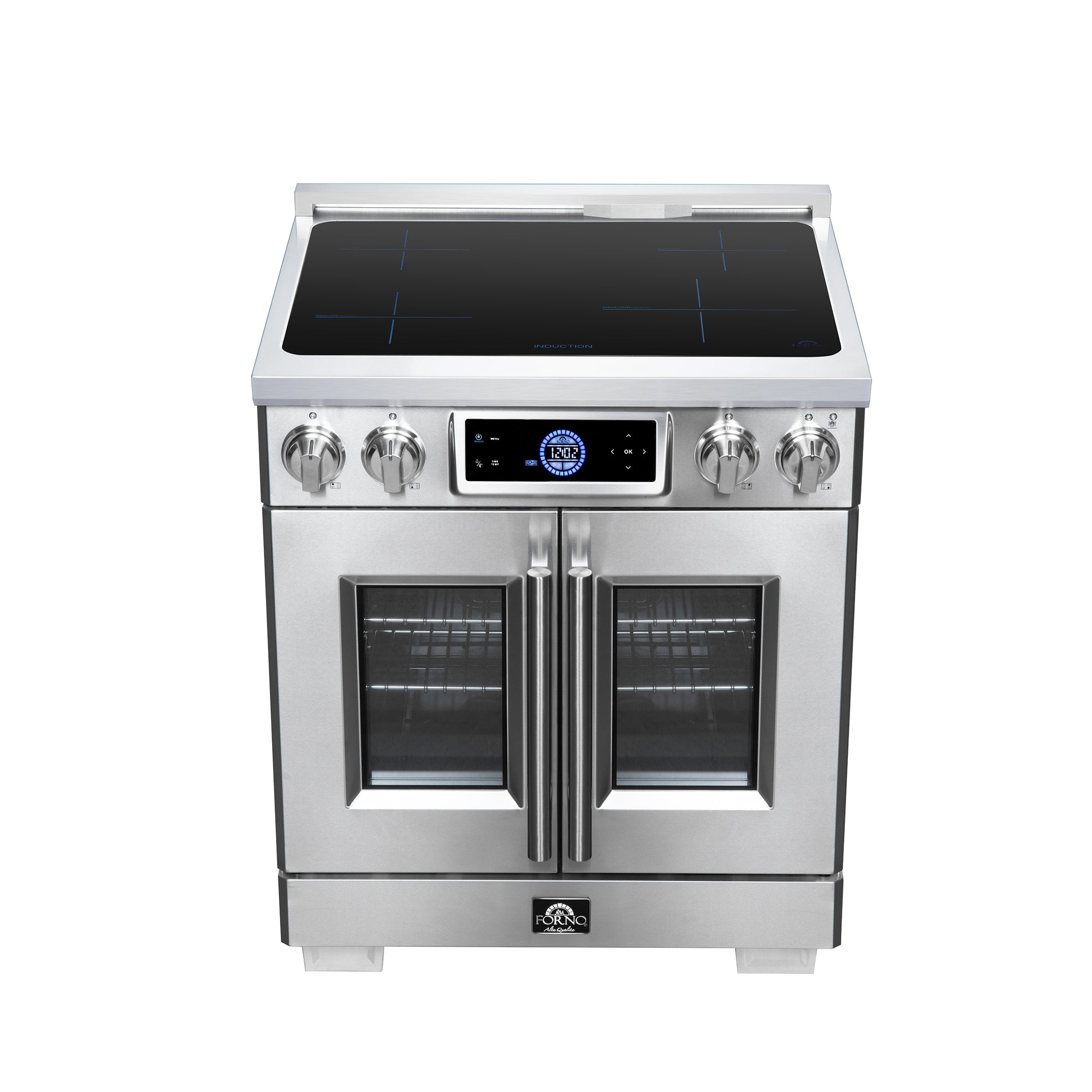 Maximus 30-Inch Induction range, French Door, 4 Cooking Zones, 4.32 cf. Convection Oven, Air Sous Vide, Air Fry Basket, Stainless Steel - Forno Appliances