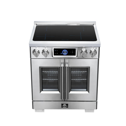 Maximus 30-Inch Induction range, French Door, 4 Cooking Zones, 4.32 cf. Convection Oven, Air Sous Vide, Air Fry Basket, Stainless Steel - Forno Appliances