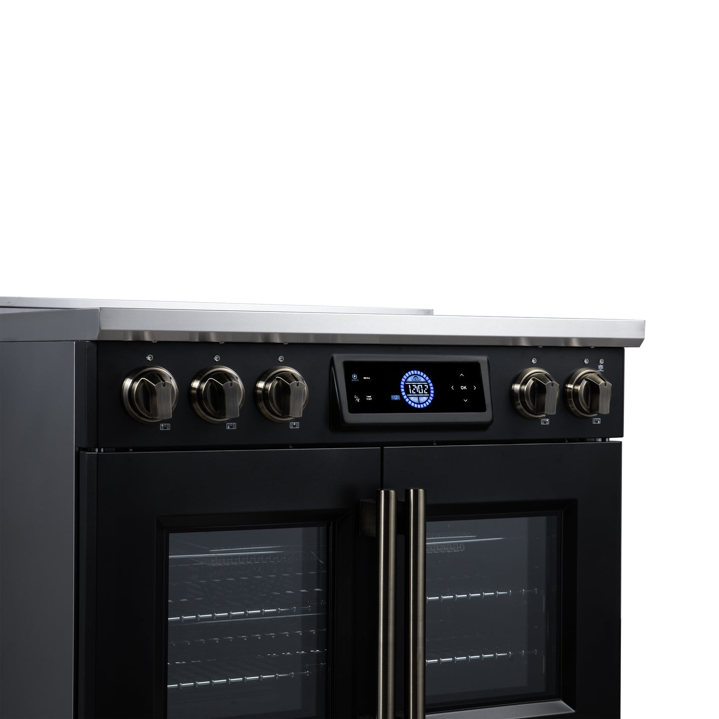 Maximus 36-Inch Induction range, French Door, 5 Cooking Zones, 5.36 cf. Convection Oven, Air Sous Vide, Air Fry Basket, Black - Forno Appliances