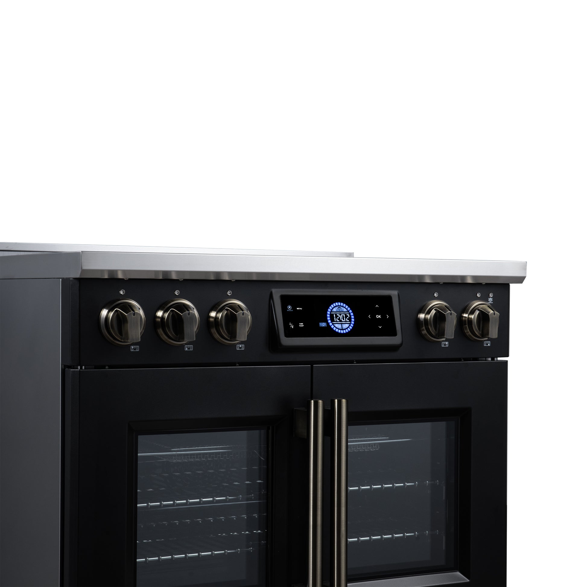 Maximus 36-Inch Induction range, French Door, 5 Cooking Zones, 5.36 cf. Convection Oven, Air Sous Vide, Air Fry Basket, Black - Forno Appliances