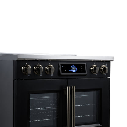 Maximus 36-Inch Induction range, French Door, 5 Cooking Zones, 5.36 cf. Convection Oven, Air Sous Vide, Air Fry Basket, Black - Forno Appliances