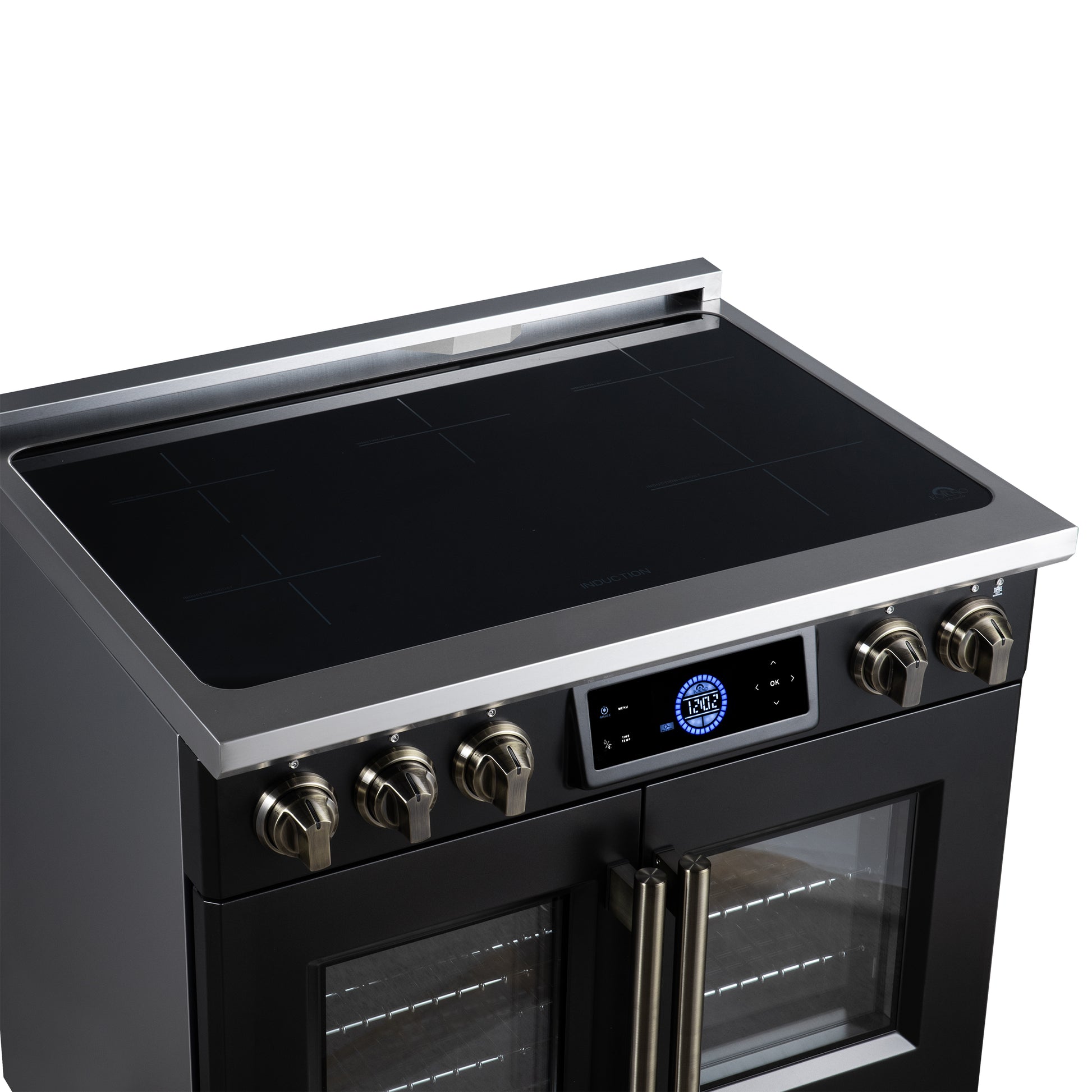 Maximus 36-Inch Induction range, French Door, 5 Cooking Zones, 5.36 cf. Convection Oven, Air Sous Vide, Air Fry Basket, Black - Forno Appliances