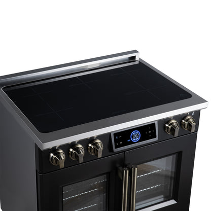 Maximus 36-Inch Induction range, French Door, 5 Cooking Zones, 5.36 cf. Convection Oven, Air Sous Vide, Air Fry Basket, Black - Forno Appliances