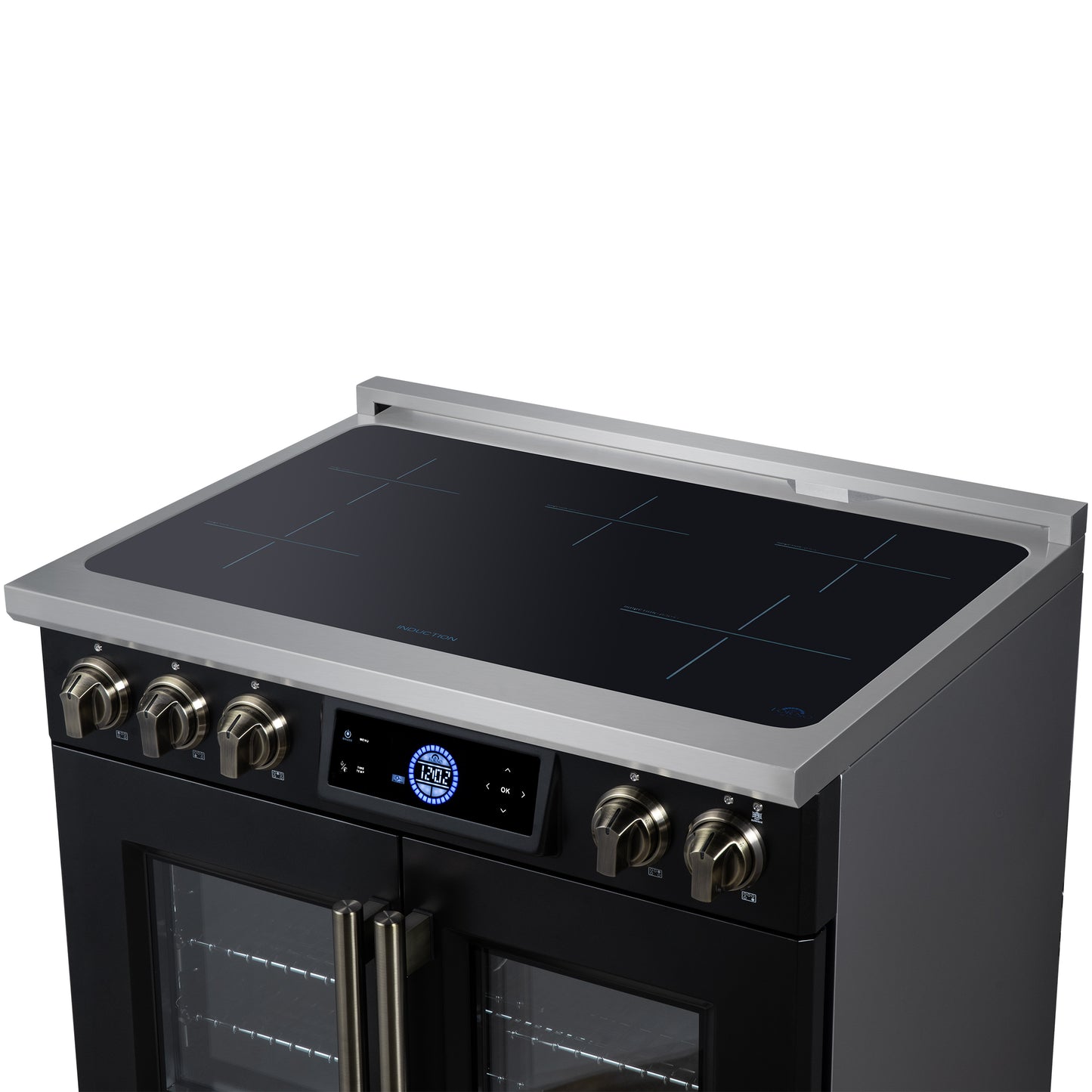 Maximus 36-Inch Induction range, French Door, 5 Cooking Zones, 5.36 cf. Convection Oven, Air Sous Vide, Air Fry Basket, Black - Forno Appliances