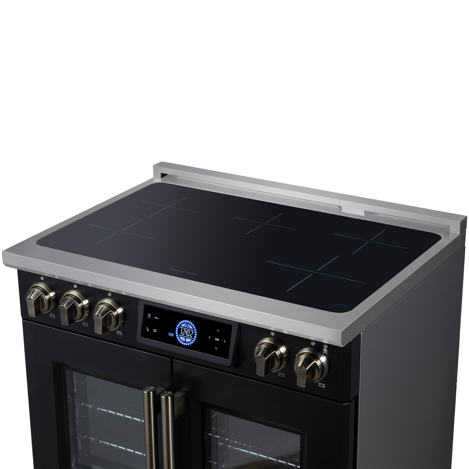 Maximus 36-Inch Induction range, French Door, 5 Cooking Zones, 5.36 cf. Convection Oven, Air Sous Vide, Air Fry Basket, Black - Forno Appliances
