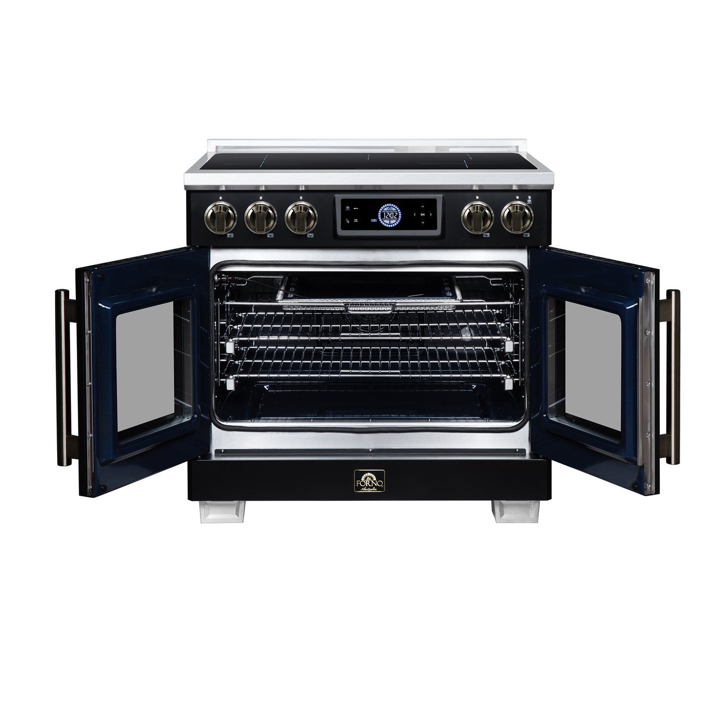 Maximus 36-Inch Induction range, French Door, 5 Cooking Zones, 5.36 cf. Convection Oven, Air Sous Vide, Air Fry Basket, Black - Forno Appliances