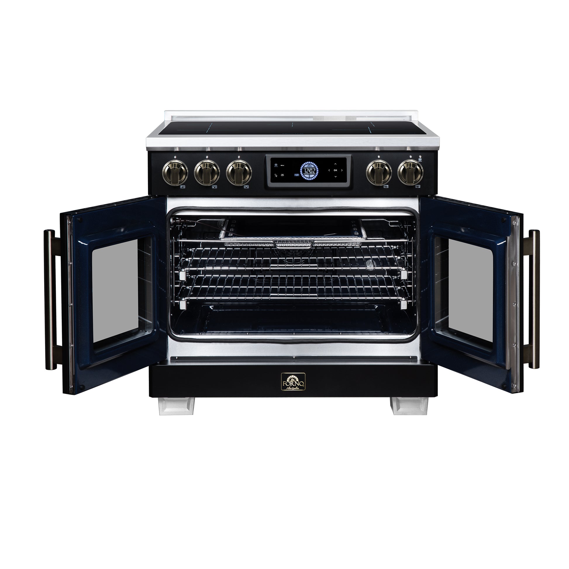 Maximus 36-Inch Induction range, French Door, 5 Cooking Zones, 5.36 cf. Convection Oven, Air Sous Vide, Air Fry Basket, Black - Forno Appliances