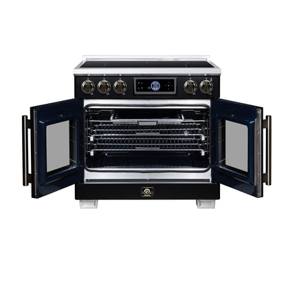 Maximus 36-Inch Induction range, French Door, 5 Cooking Zones, 5.36 cf. Convection Oven, Air Sous Vide, Air Fry Basket, Black - Forno Appliances
