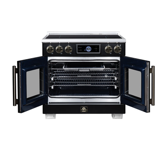 Maximus 36-Inch Induction range, French Door, 5 Cooking Zones, 5.36 cf. Convection Oven, Air Sous Vide, Air Fry Basket, Black - Forno Appliances