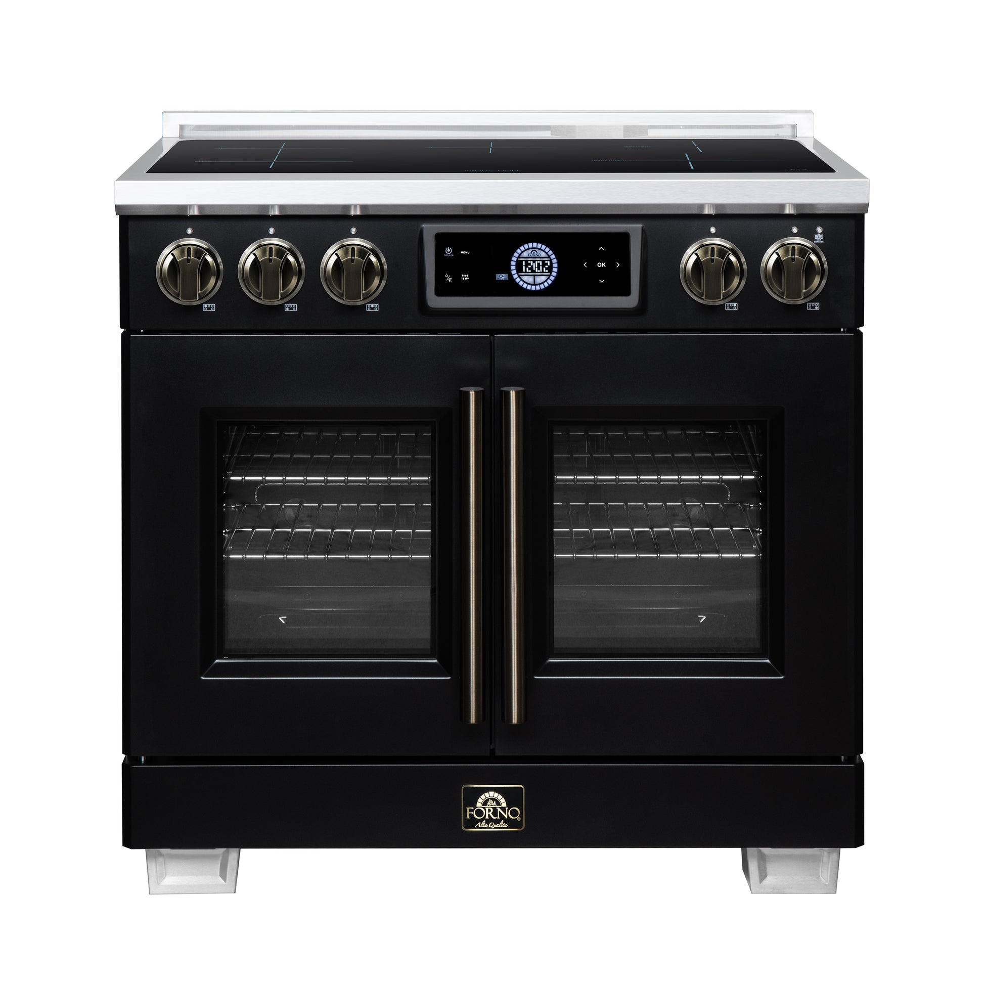 Maximus 36-Inch Induction range, French Door, 5 Cooking Zones, 5.36 cf. Convection Oven, Air Sous Vide, Air Fry Basket, Black - Forno Appliances