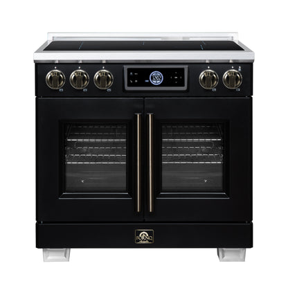 Maximus 36-Inch Induction range, French Door, 5 Cooking Zones, 5.36 cf. Convection Oven, Air Sous Vide, Air Fry Basket, Black - Forno Appliances