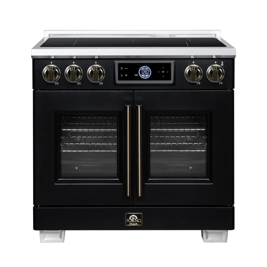 Maximus 36-Inch Induction range, French Door, 5 Cooking Zones, 5.36 cf. Convection Oven, Air Sous Vide, Air Fry Basket, Black - Forno Appliances