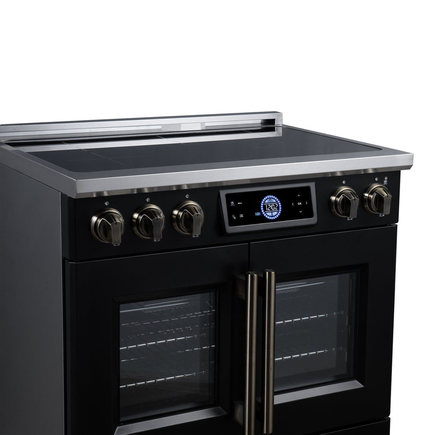 Maximus 36-Inch Induction range, French Door, 5 Cooking Zones, 5.36 cf. Convection Oven, Air Sous Vide, Air Fry Basket, Black - Forno Appliances