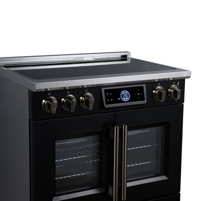 Maximus 36-Inch Induction range, French Door, 5 Cooking Zones, 5.36 cf. Convection Oven, Air Sous Vide, Air Fry Basket, Black - Forno Appliances