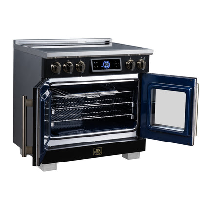Maximus 36-Inch Induction range, French Door, 5 Cooking Zones, 5.36 cf. Convection Oven, Air Sous Vide, Air Fry Basket, Black - Forno Appliances