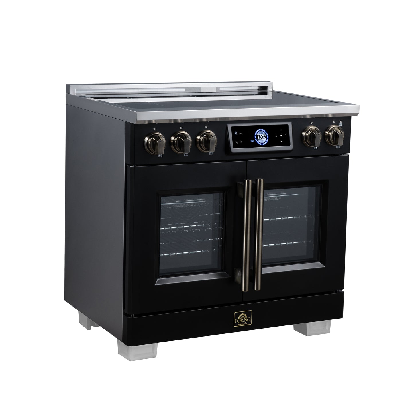 Maximus 36-Inch Induction range, French Door, 5 Cooking Zones, 5.36 cf. Convection Oven, Air Sous Vide, Air Fry Basket, Black - Forno Appliances
