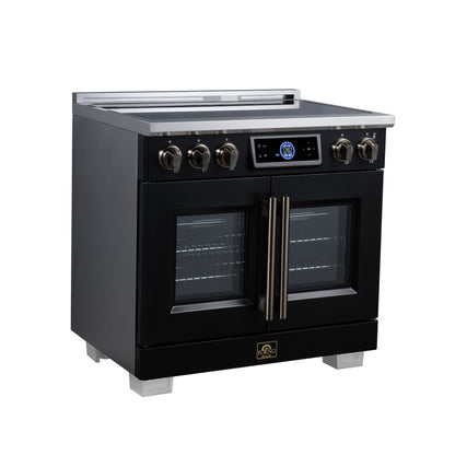 Maximus 36-Inch Induction range, French Door, 5 Cooking Zones, 5.36 cf. Convection Oven, Air Sous Vide, Air Fry Basket, Black - Forno Appliances