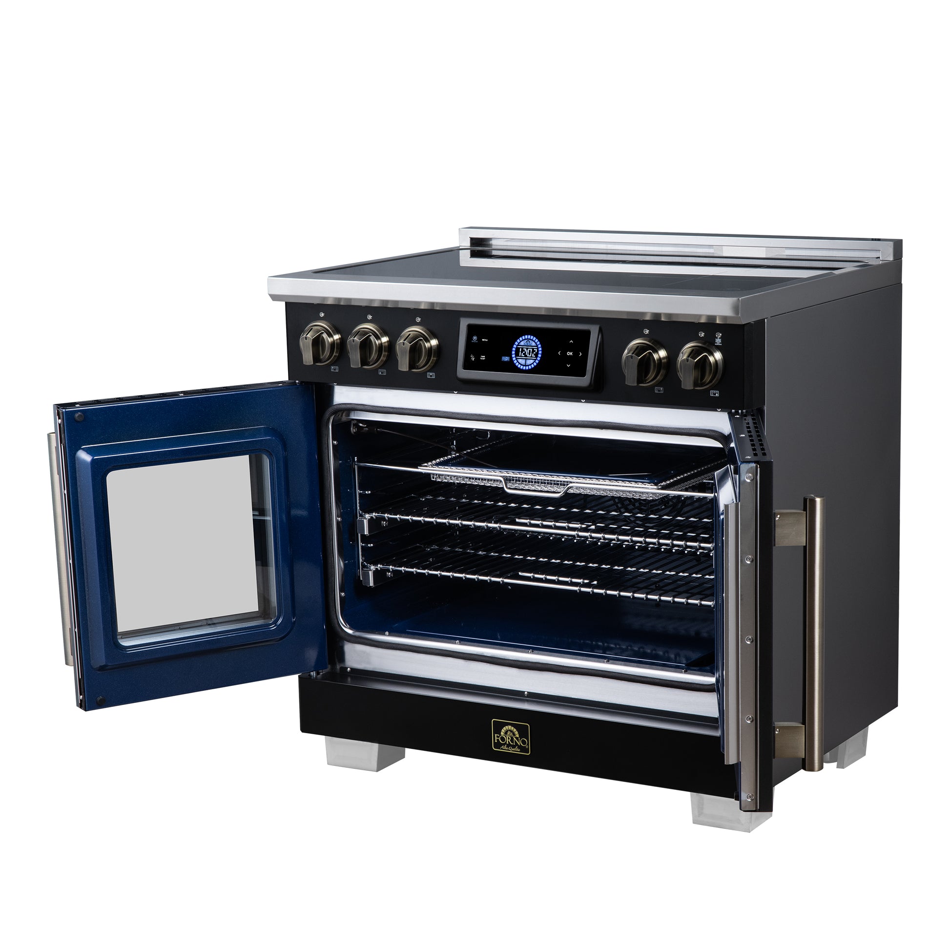 Maximus 36-Inch Induction range, French Door, 5 Cooking Zones, 5.36 cf. Convection Oven, Air Sous Vide, Air Fry Basket, Black - Forno Appliances