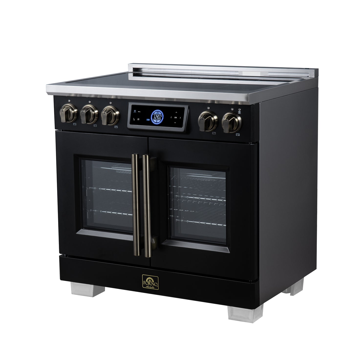 Maximus 36-Inch Induction range, French Door, 5 Cooking Zones, 5.36 cf. Convection Oven, Air Sous Vide, Air Fry Basket, Black - Forno Appliances