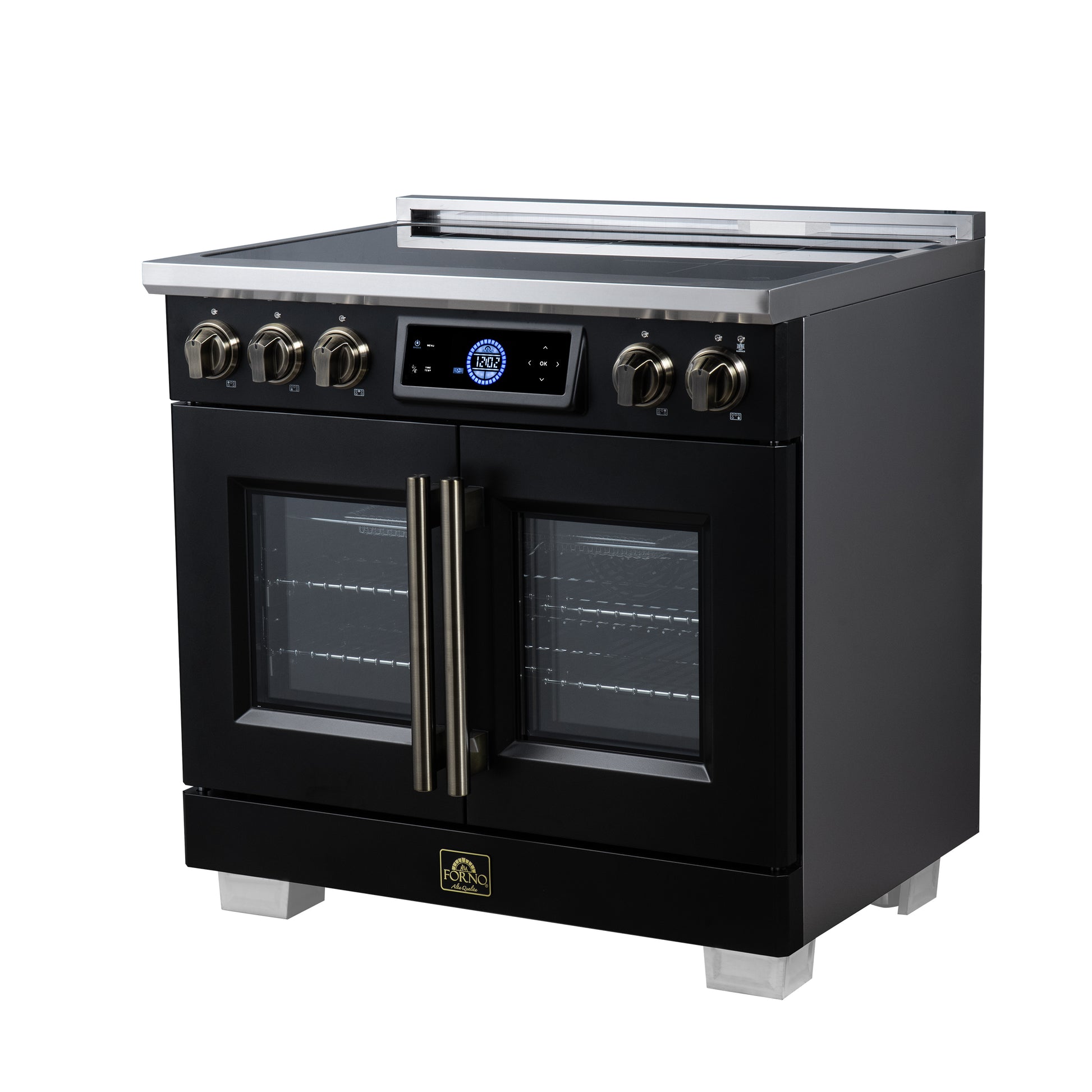 Maximus 36-Inch Induction range, French Door, 5 Cooking Zones, 5.36 cf. Convection Oven, Air Sous Vide, Air Fry Basket, Black - Forno Appliances