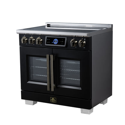 Maximus 36-Inch Induction range, French Door, 5 Cooking Zones, 5.36 cf. Convection Oven, Air Sous Vide, Air Fry Basket, Black - Forno Appliances