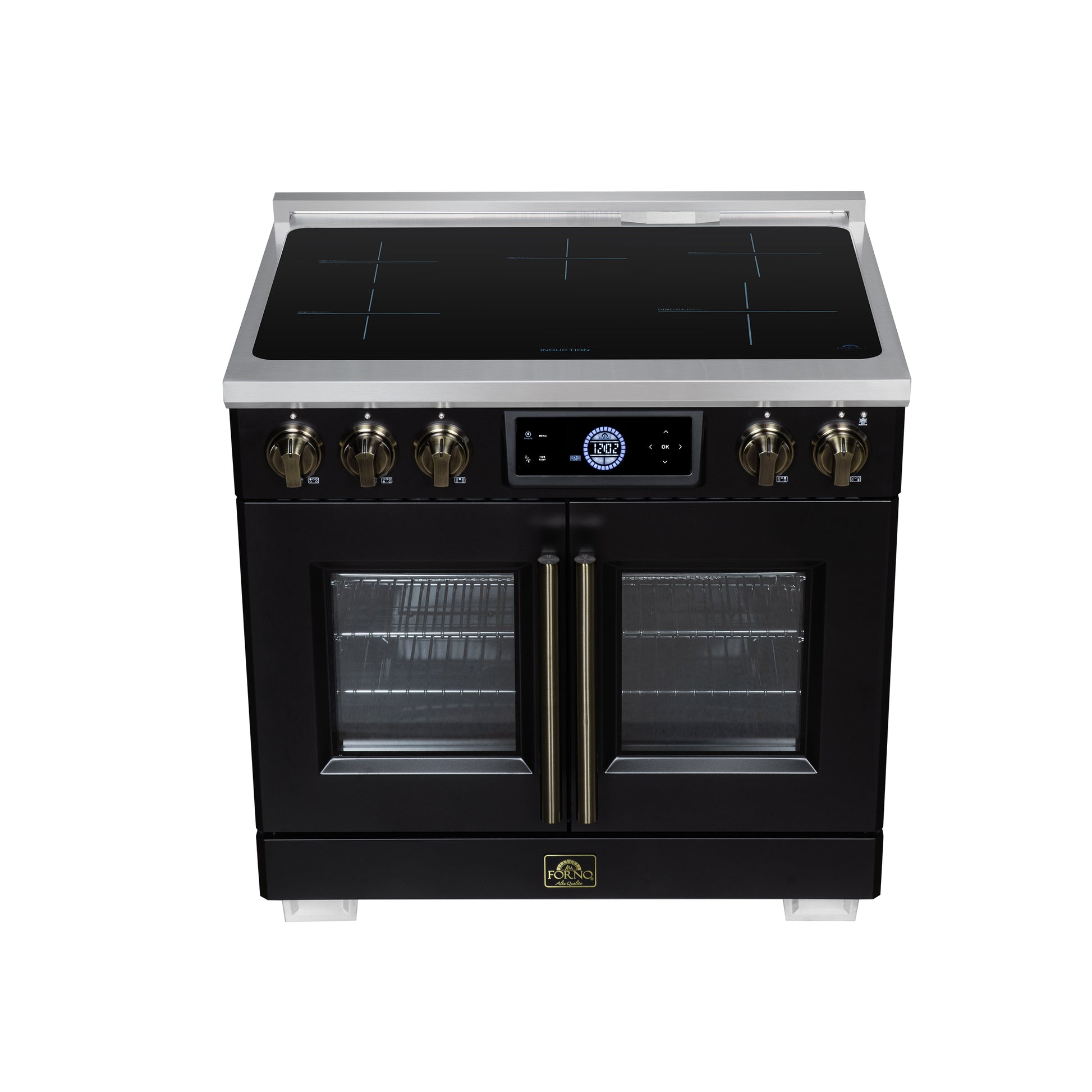 Maximus 36-Inch Induction range, French Door, 5 Cooking Zones, 5.36 cf. Convection Oven, Air Sous Vide, Air Fry Basket, Black - Forno Appliances