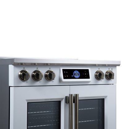 Maximus 36-Inch Induction range, French Door, 5 Cooking Zones, 5.36 cf. Convection Oven, Air Sous Vide, Air Fry Basket, White - Forno Appliances